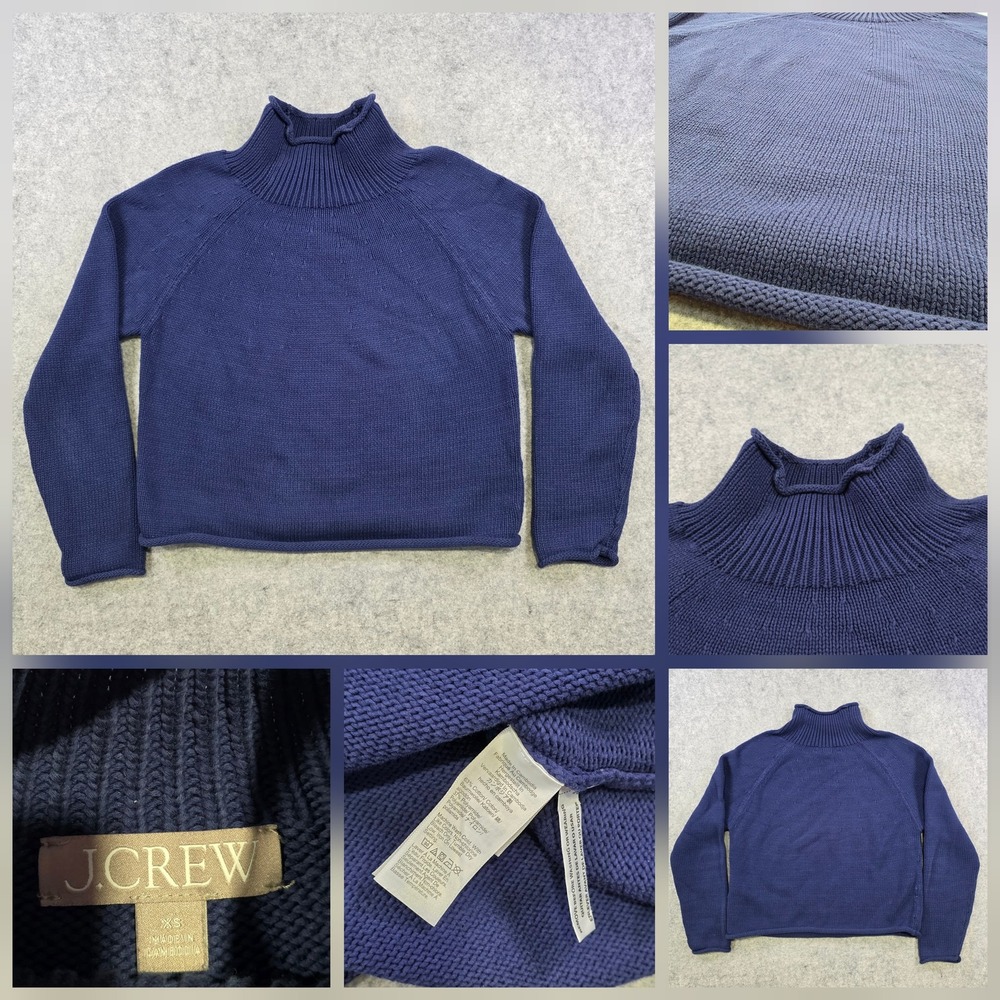 J.Crew Sweater Womens XS Blue Ruffle Rollneck Raglan Cotton Knit Pullover